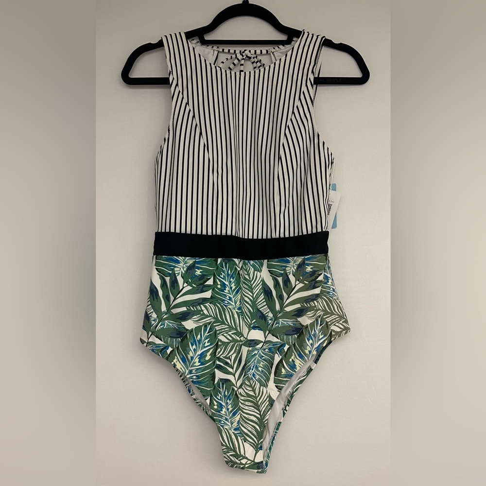 NWT Cupshe, Black Striped And Leaf One-piece
Swimsuit, Size XL